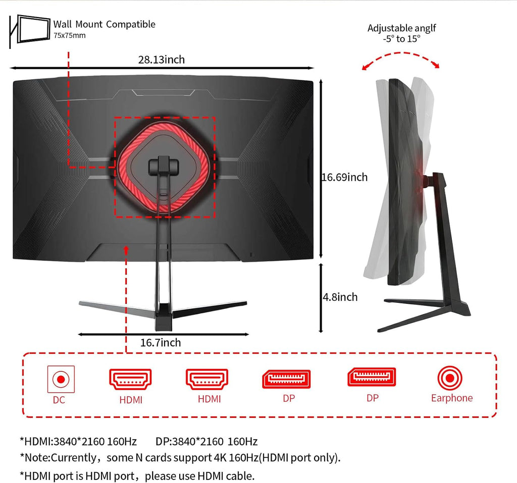 ZZA 32 Inch 4K Curved Gaming Monitor 160Hz Computer Moniter UHD 3840x2160P 1500R Curved VA Screen, Supports AMD Freesync, 120% sRGB HDR10, Wall Mountable Installs, wiht HDMI 2.1 * 2/DP 1.4 * 2, Black