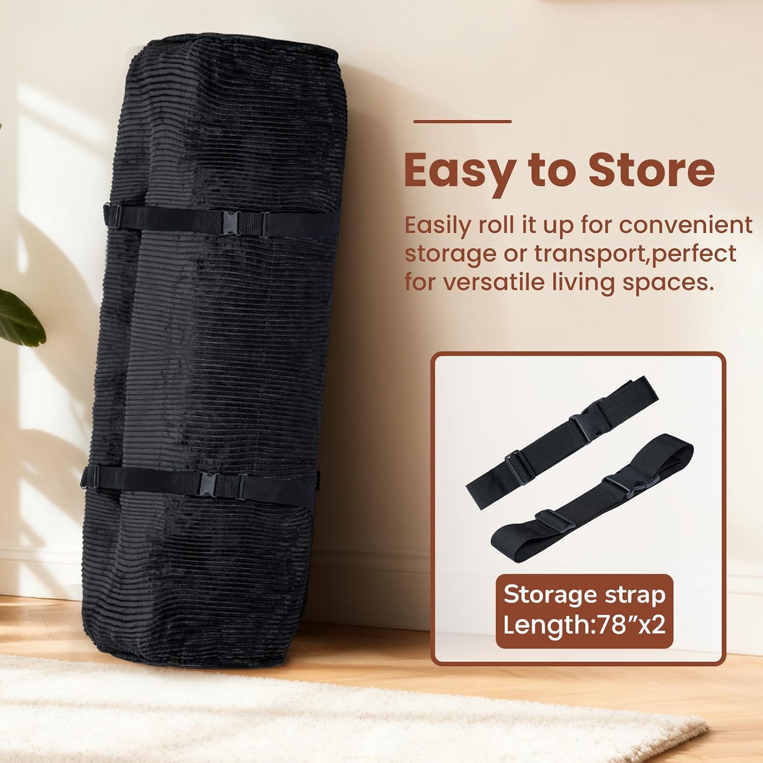 10 Inch Thick Futon Mattress, Shredded High Density Foam Floor Mattress, Portable Foldable Sleeping Mattress, Corduroy Lounger Bed for Guest Room Dorm Apartment Camping Travel