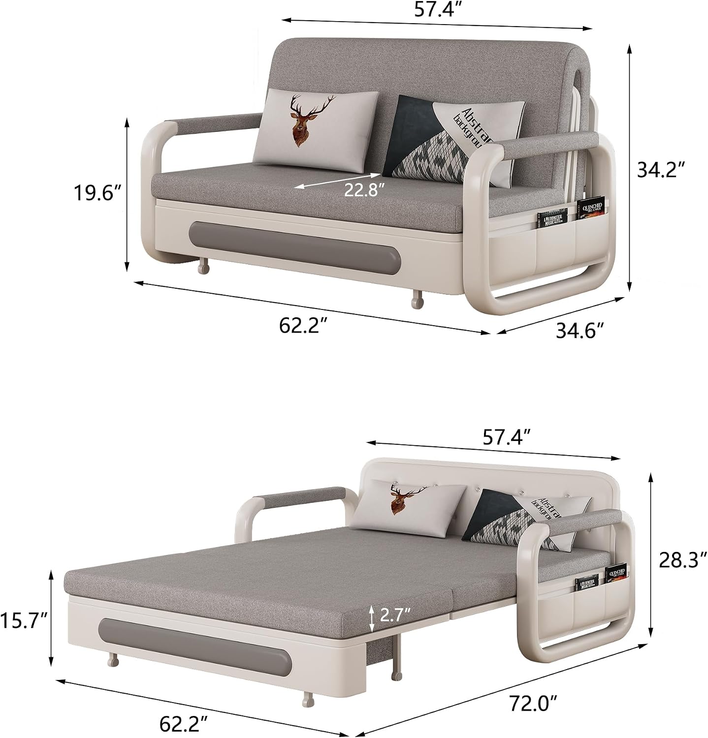 Pull-Out Sofa Daybed with Trundle, Versatile Futon Couch with Sleeping Function and Storage Space, Sofa Bed for Small Rooms and Living Rooms, Dark Grey and White (62.2')