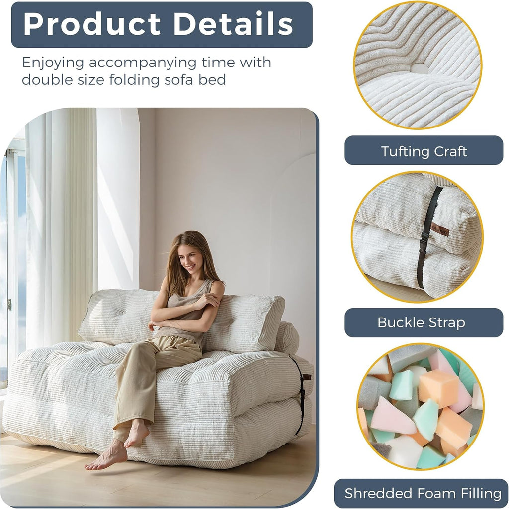 MAXYOYO Folding Sofa Bed, Convertible Sleeper Chair with Pilow Foldable Mattress with Back Support, Portable Fold Out Chair Bed Comfy Floor Sofa Lounge for Living Room Bedroom, Beige, Double