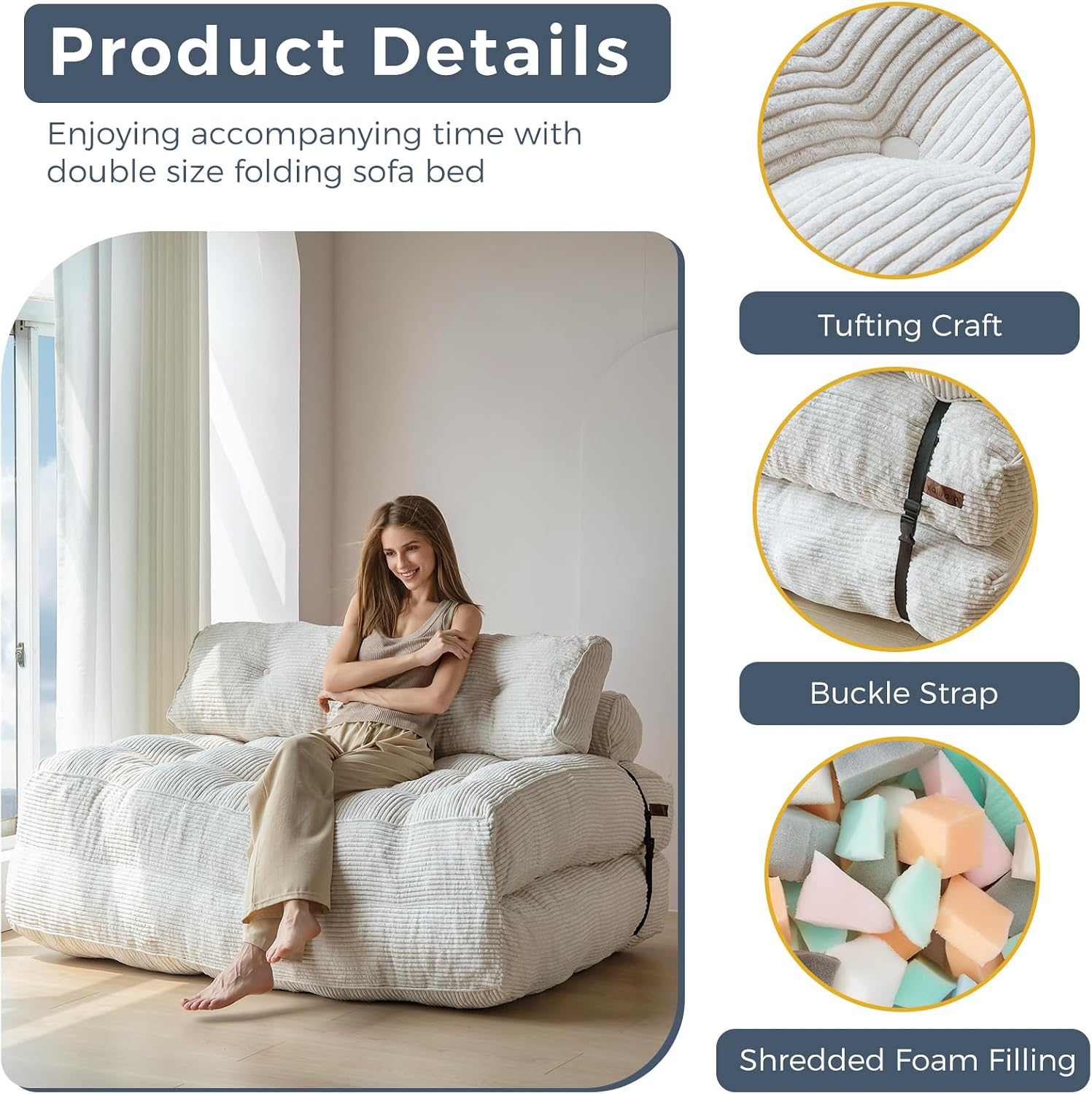 MAXYOYO Folding Sofa Bed, Convertible Sleeper Chair with Pilow Foldable Mattress with Back Support, Portable Fold Out Chair Bed Comfy Floor Sofa Lounge for Living Room Bedroom, Beige, Double