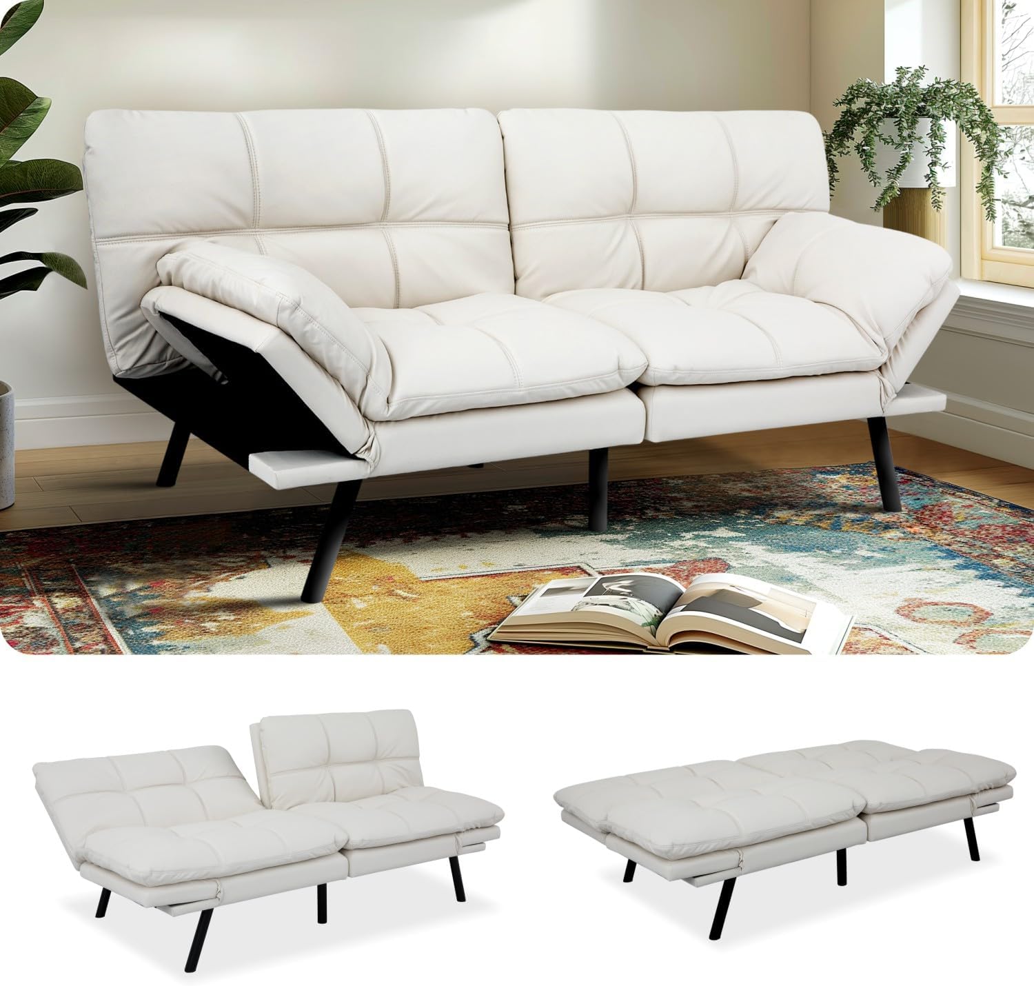 MUUEGM Convertible Memory Foam Sofa Bed with Adjustable Backrest & Armrest, Modern Futon Couch for Living Room, Office, Apartment, Space-Saving Design, Easy Assembly,White