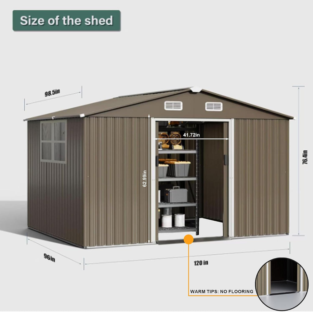 10FT x 8FT Outdoor Storage Shed,Waterproof Lockable Door Metal Tool Shed with Sliding Door and Air Vents,Storage House for Gardening Tools,Metal Storage Shed for Garden,Backyard,Lawn