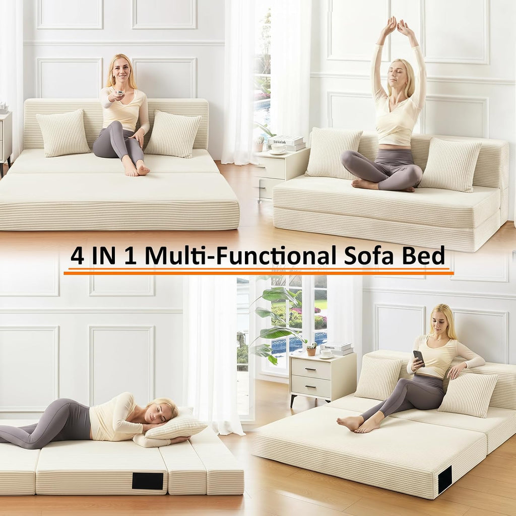 JKMAX Twin Size Folding Sofa Bed - 4 in 1 Convertible Sleeper Chair with Pillow - High Density Memory Foam Futon Couch - Foldable Bed for Living Room Bedroom (Beige)