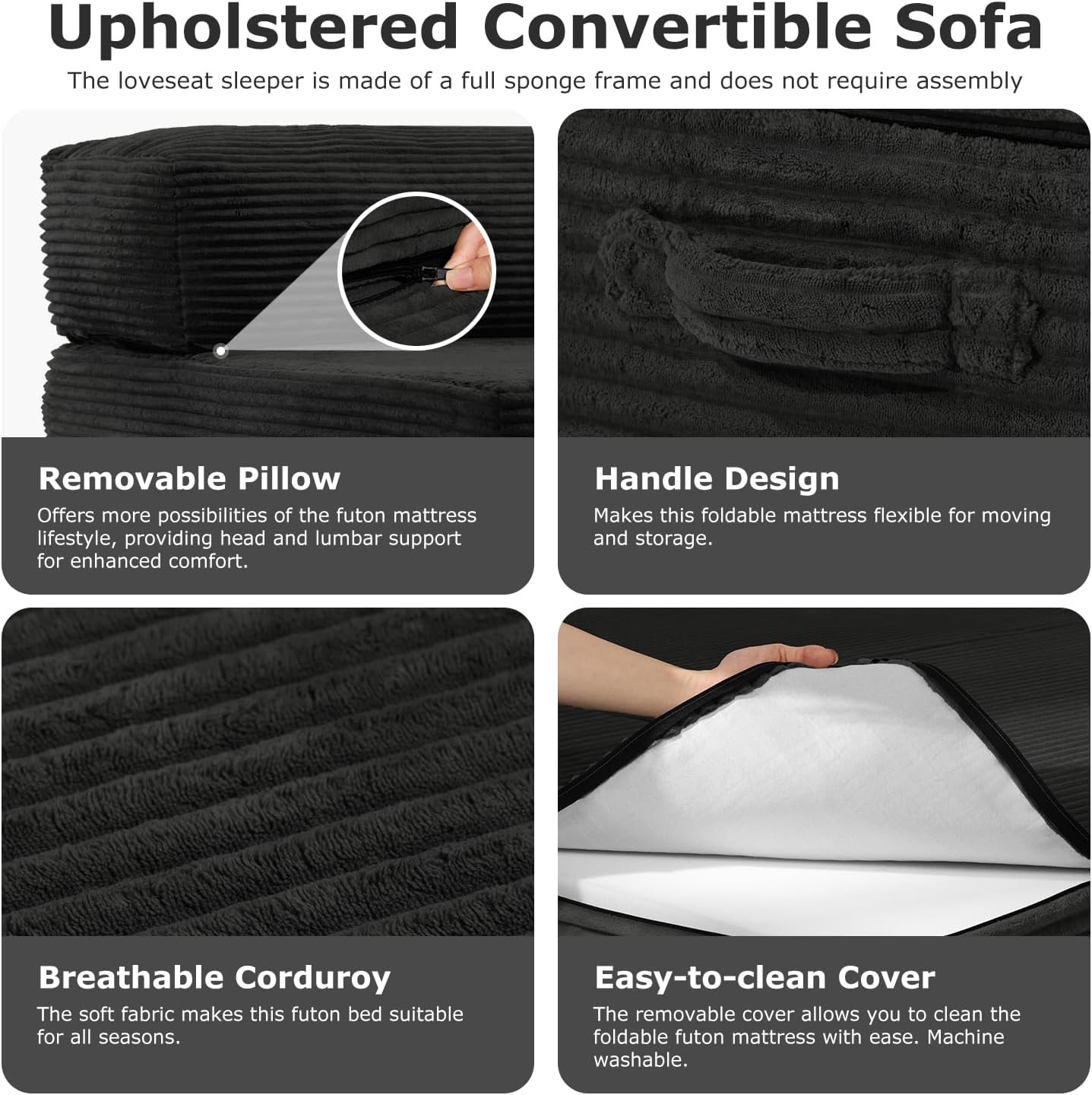 Folding Futon Sofa Bed Full Size, 6 inch Convertible Floor Couch Bed with Removable Corduroy Cover, Pull Out Couch for Small Spaces High-Density Foam,Black