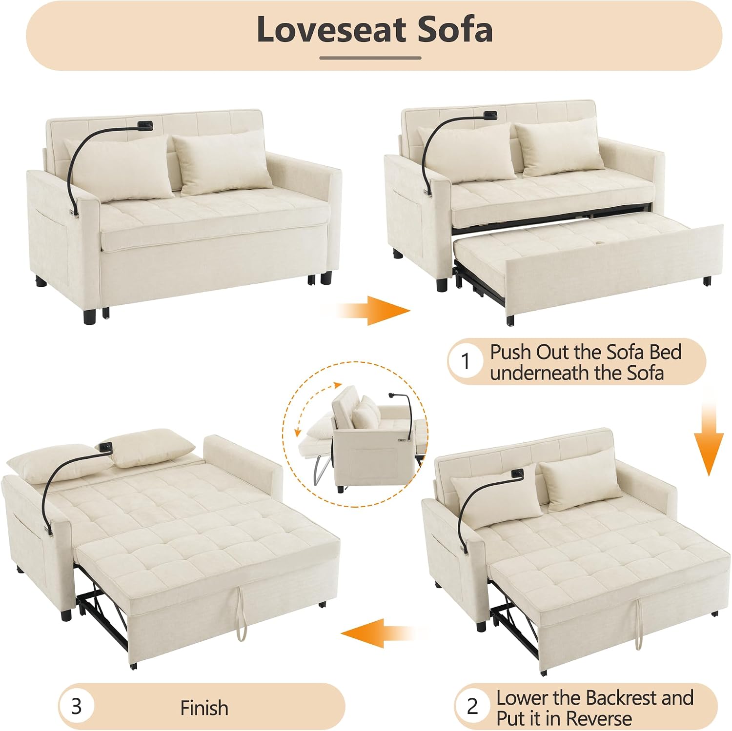 Merax Pull-Out Sleeper Sofa Bed with Reversible Backrest and Two Throw Pillows, 3 in 1 Foton Couch with USB Ports & Phone Holder, Chenille Loveseat for Living Room, Beige