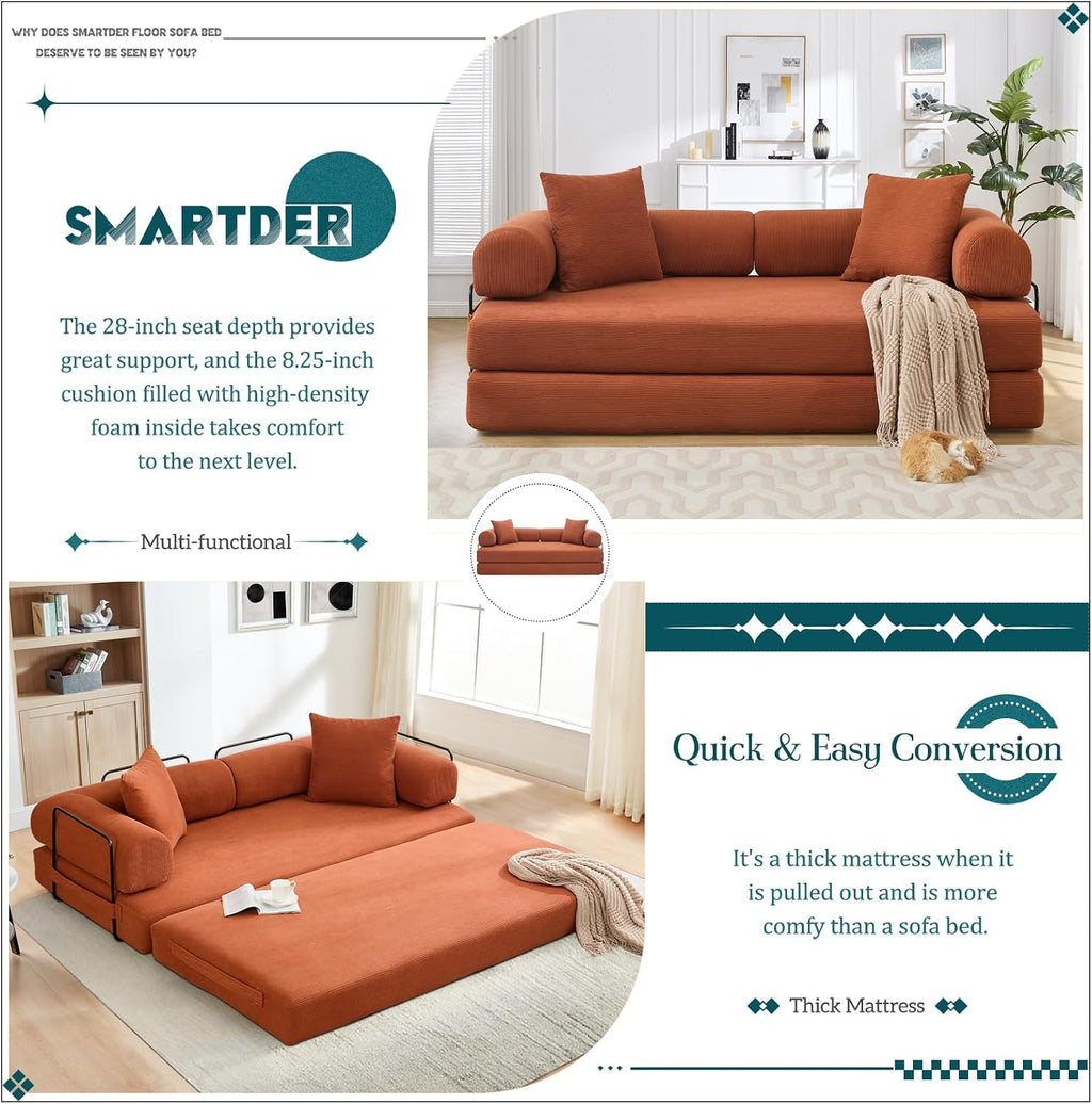 Convertible Folding Sofa Bed, Modular Floor Sofa with Removable Backrest, 3-Seater Fold Out Couch Bed with Pillows, King Size Futon Lazy Couch Corduroy Sleeper for Living Room, Dorm, Orange
