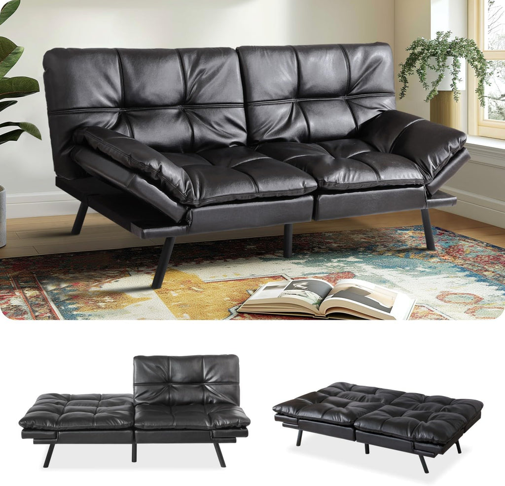 MUUEGM Convertible Memory Foam Sofa Bed with Adjustable Backrest & Armrest, Modern Futon Couch for Living Room, Office, Apartment, Space-Saving Design, Easy Assembly,Black