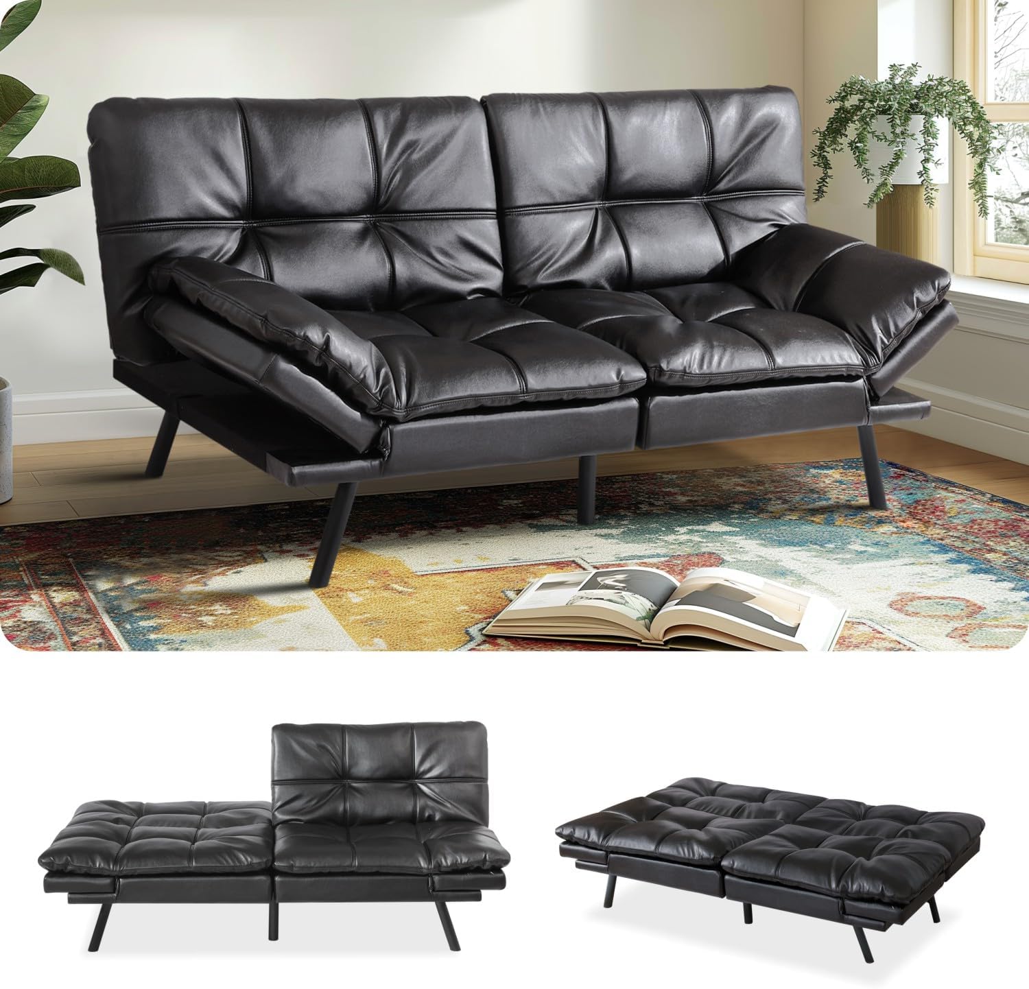 MUUEGM Convertible Memory Foam Sofa Bed with Adjustable Backrest & Armrest, Modern Futon Couch for Living Room, Office, Apartment, Space-Saving Design, Easy Assembly,Black