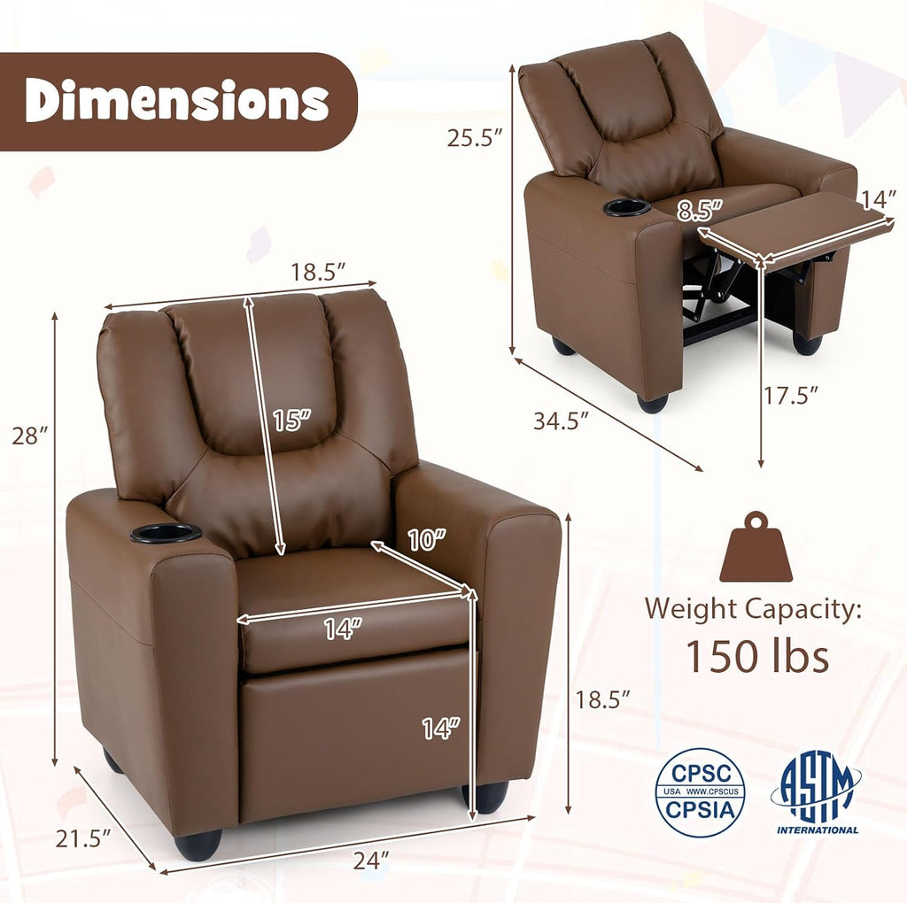 GLACER Kids Recliner with Cup Holder, PU Leather Toddler Lounge Chair w/Adjustable Backrest & Footrest, Spring-Loaded Seat Cushion, Push Back Toddler Sofa for Boys & Girls Ages 3+ Years Old (Brown)