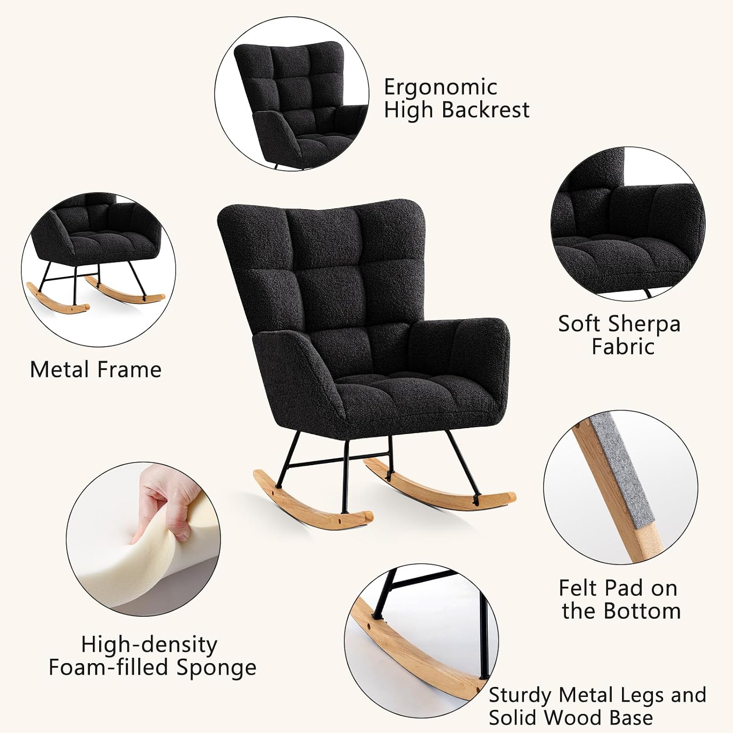 Furniliving Nursery Rocking Chair Upholstered Glider Rocking Chair Modern Accent Chair Padded Seat Reading Chair with High Backrest Comfy Chair for Living Room, Bedroom, Nursery, Black, Teddy