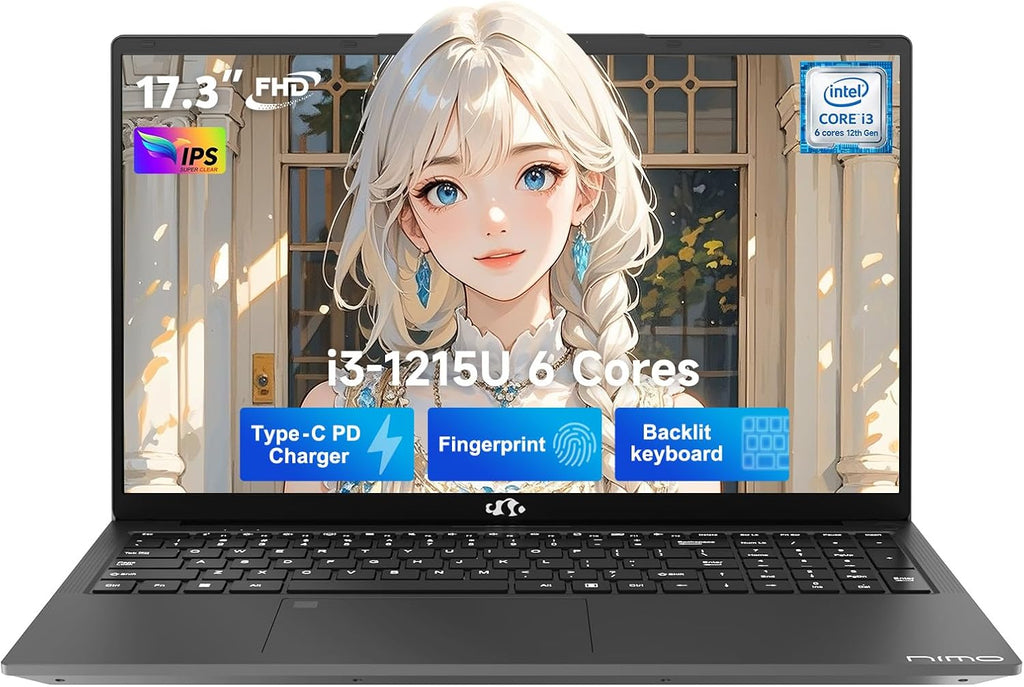 NIMO 17.3' IPS FHD-Laptop, Intel 6 Cores I3-1215U 8GB RAM 256GB SSD (Beat R5 7520U, Up to 4.4GHz) Student-Computer with 65W Type C Backlit Keyboard Fingerprint, for Home and Business