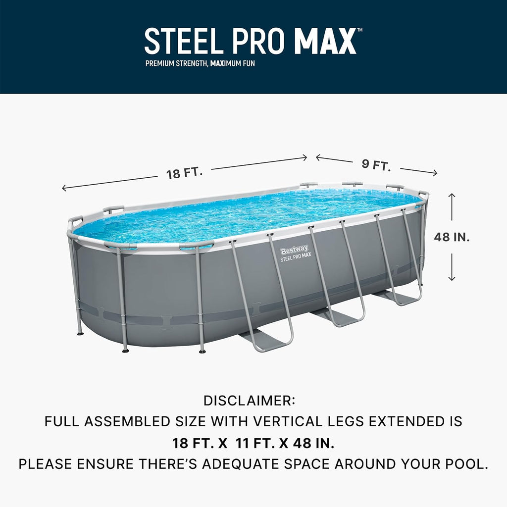 Bestway Steel Pro MAX 18' x 9' x 48' Above Ground Pool, Oval Metal Frame Outdoor Swimming Pool Set with Filter Pump, Ladder, and Cover, Gray