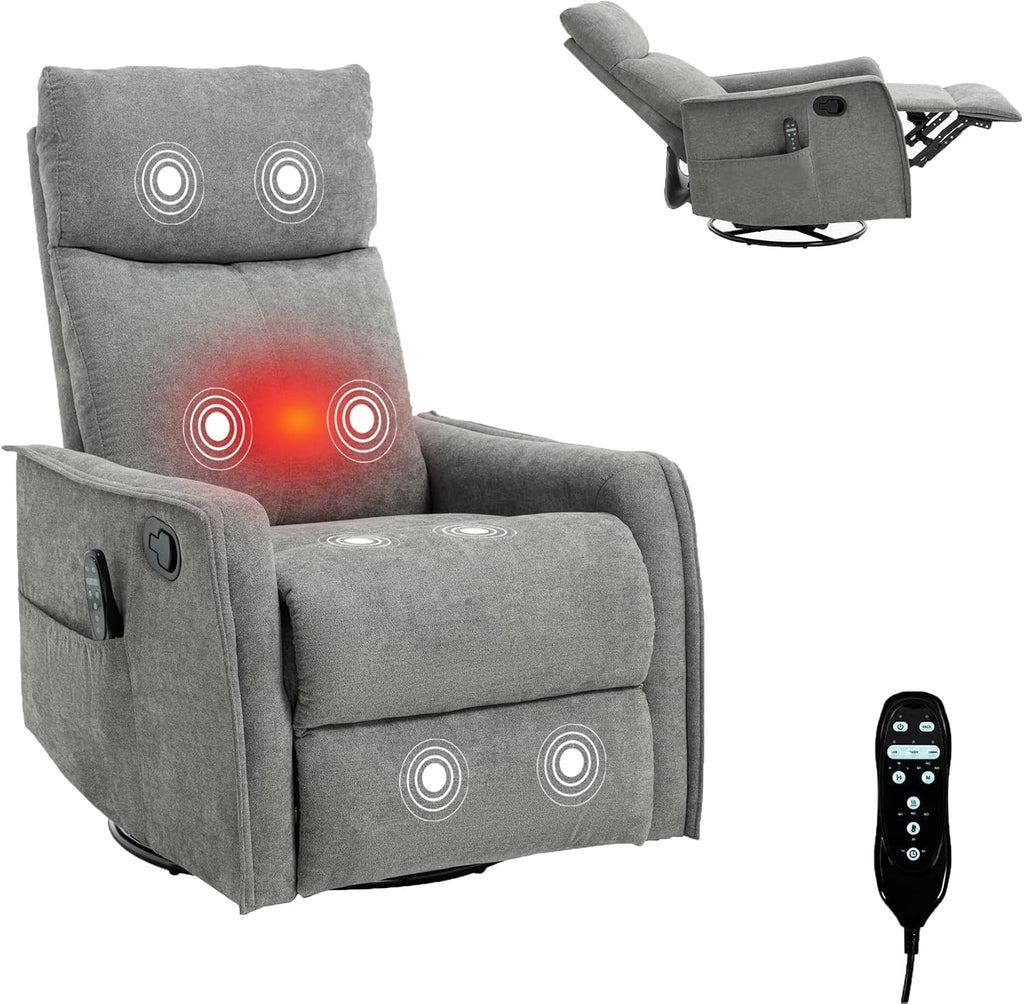 Massage Chair Recliner with Heat, 360° Swivel Glider Rocker with Reclining Backrest and Footrest, Manual Lazy Boy Recliners for Adults, Modern Nursery Rocking Chairs (Grey)