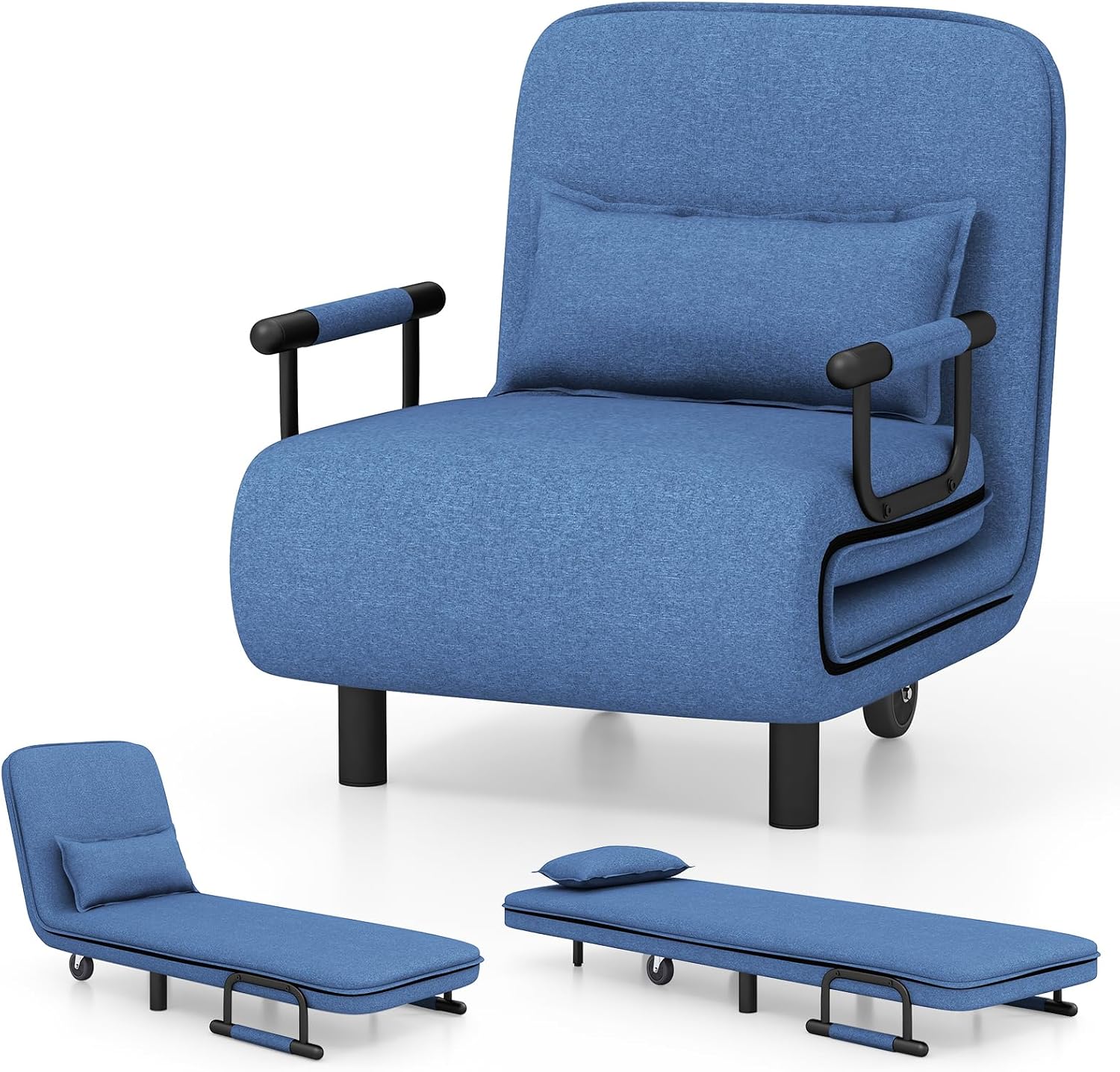 Giantex Convertible Sofa Bed, 3-in-1 Folding Sleeper Chair with 5-Position Adjustable Backrest, Wheels, 2 Legs, Recliner Chaise Lounge with Pillow, Armchairs for Nursery Living Room Office (Blue)