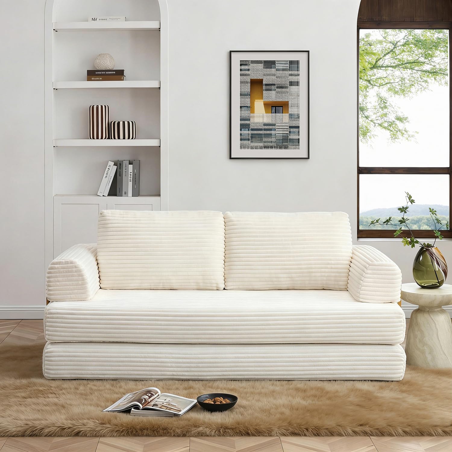 HANXIN 80 Inch Convertible Sleeper Sofa Bed, High Back Plush Corduroy Folding Floor Mattress Couch with Fixed-Shape Frame, Boneless Futon Loveseat with Pull Out Bed, No Assembly Required (Beige)