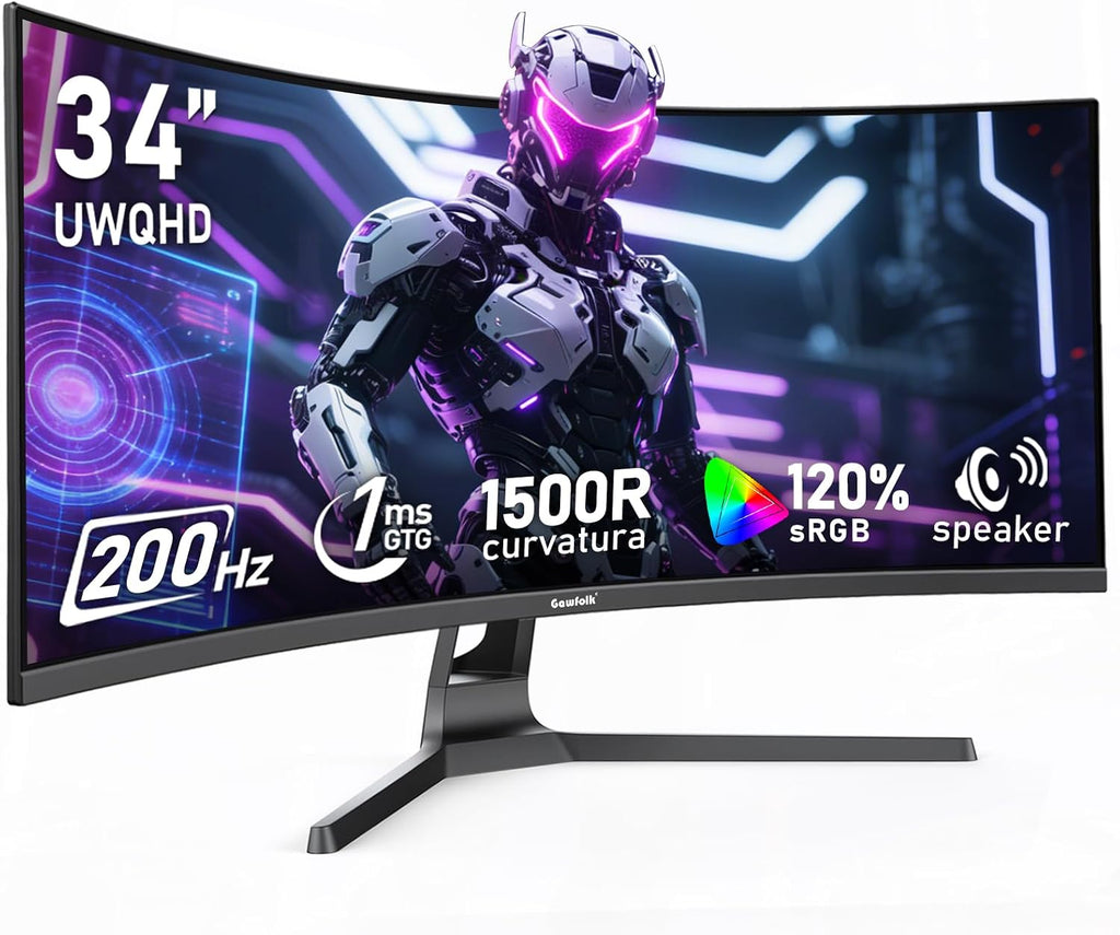 Gawfolk 34 Inch Ultrawide Curved 200Hz Gaming Computer Monitor,1500R PC Screen 21:9 UWQHD (3440x1440),120% sRGB,Adaptive Sync,Built-in Speaker,HDMI、Display Port,Compatible with Wall mounting-Black
