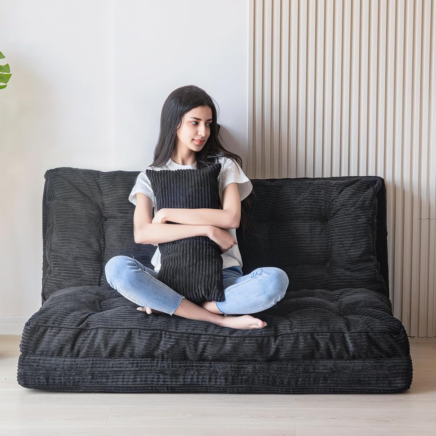 MAXYOYO Folding Sofa Bed, Tufted Bean Bag Bed with Pillows Floor Mattress for Adults, Extra Thick and Long Floor Sofa, Twin Couch for Bedroom Living Room, Black, 39x91 Inch