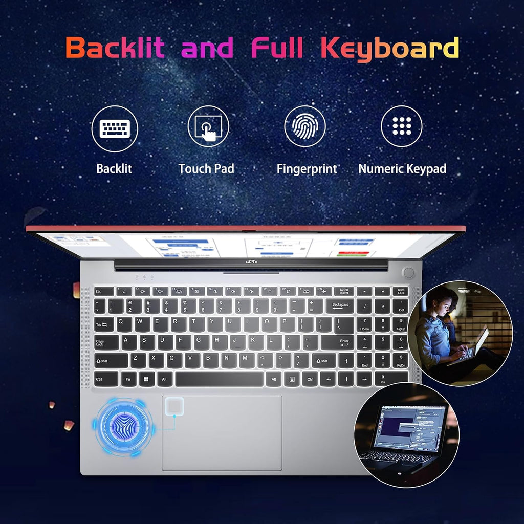 NIMO 15.6 FHD Student Laptop, 16GB RAM 1TB SSD, Backlit Keyboard, Fingerprint, 4-Cores Pentium N100 (Beat i3-1115G4, Up to 3.4GHz), Numpad, WiFi 6, IPS Computer, Win 11, RED