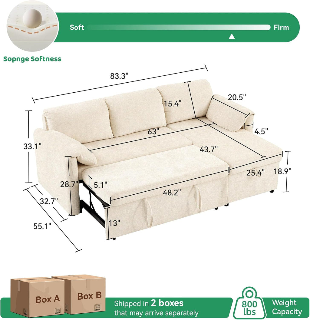 Tbfit Pull Out Sofa Bed with Chair, 3 in 1 Sleeper Sofa Couch with USB & Storage Chaise, Comfy Convertible Sleeper Sofas for Living Room, Small Spaces, White
