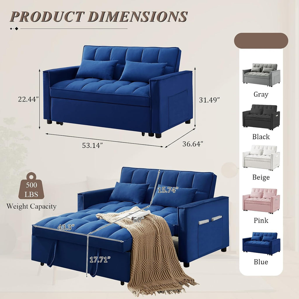 3 in 1 Convertible Sleeper Sofa Bed, Futon Couches for Living Room with Side Pocket/Adjustable Backrest, Velvet Upholstered Pull Out Couch, Small Loveseat Sofa Bed for Bedroom Office Small Spaces