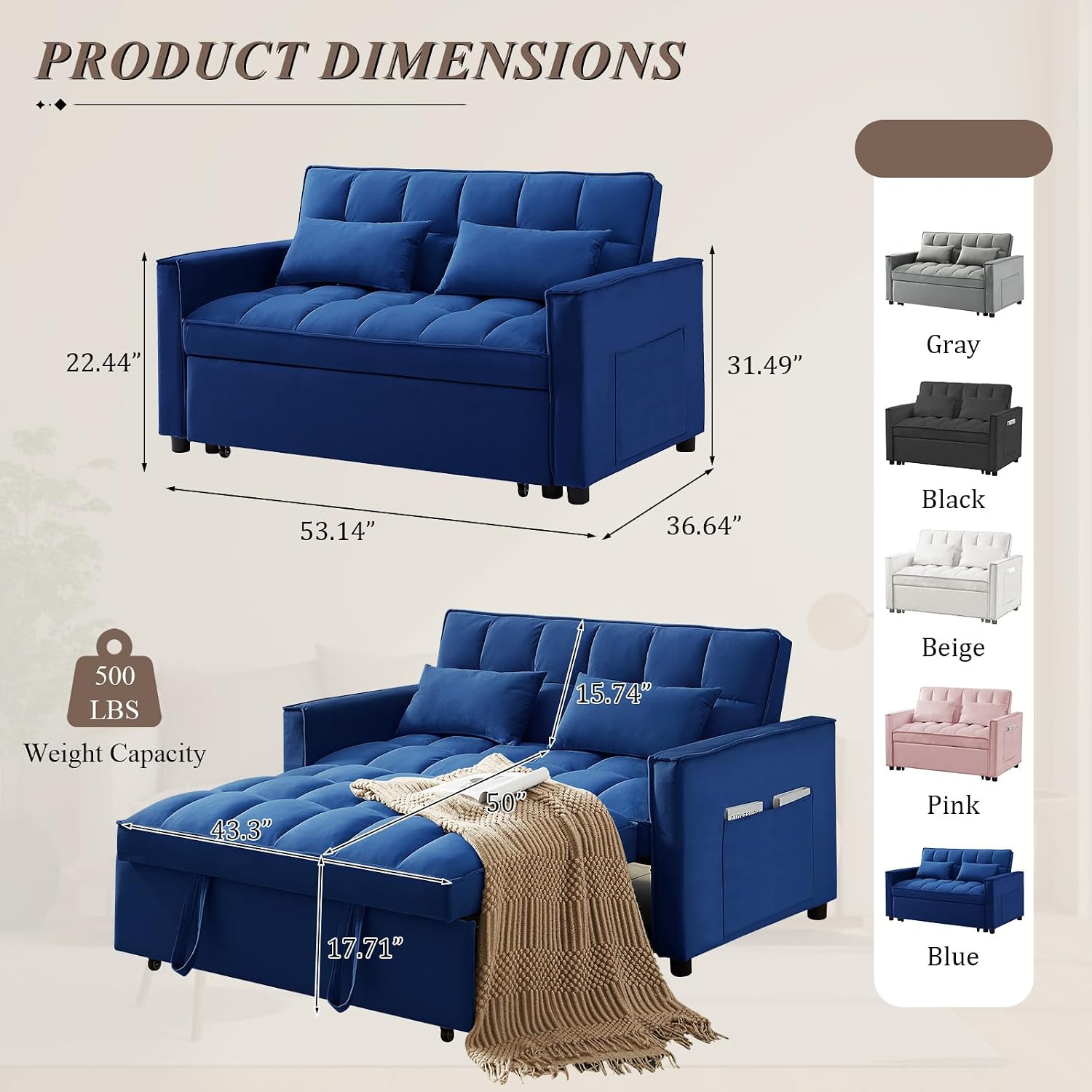 3 in 1 Convertible Sleeper Sofa Bed, Futon Couches for Living Room with Side Pocket/Adjustable Backrest, Velvet Upholstered Pull Out Couch, Small Loveseat Sofa Bed for Bedroom Office Small Spaces