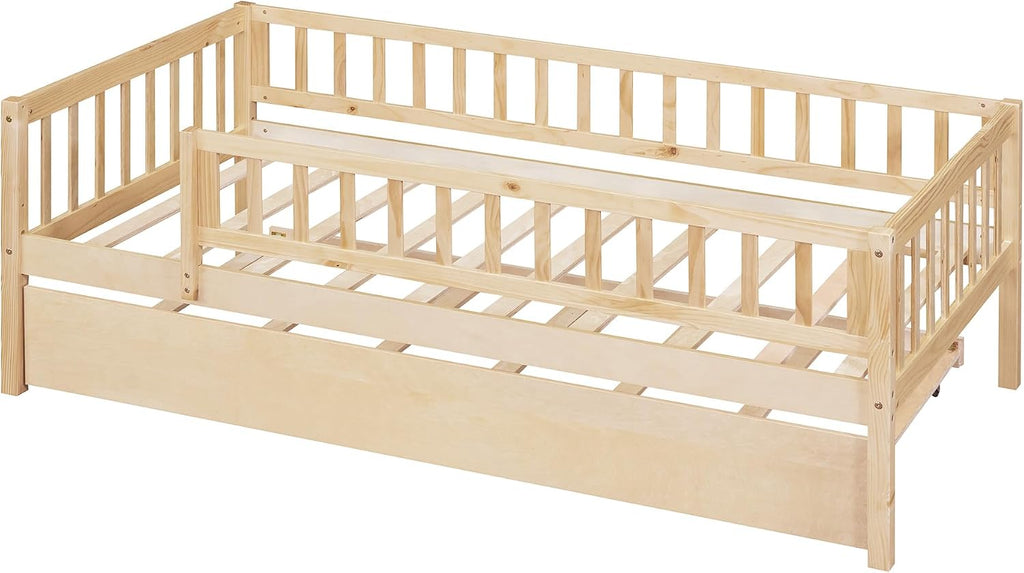 Twin Wood Bed Frame with Fence Railings and Trundle,Low Montessori Kids Platform Bed Frame with Full-Length Safety Guardrails,Dual-use Daybed for Bedroom and Living Room,Natural