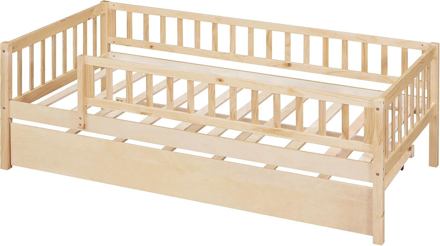 Twin Wood Bed Frame with Fence Railings and Trundle,Low Montessori Kids Platform Bed Frame with Full-Length Safety Guardrails,Dual-use Daybed for Bedroom and Living Room,Natural