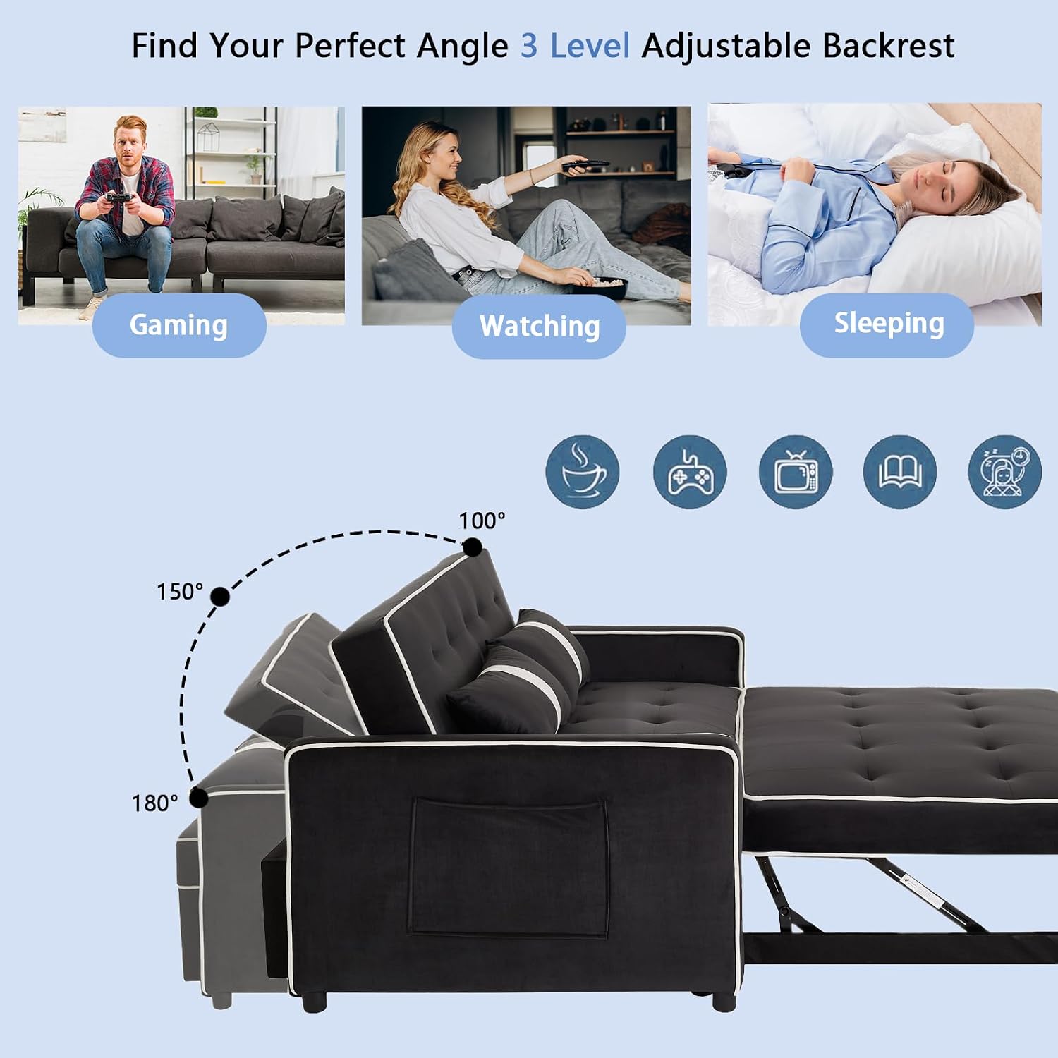3 in 1 Convertible Sleeper Sofa Bed, Small Couch for Living Room Bedroom with Pullout Bed Adjustable Backrest,Velvet,Loveseat Sofa Bed,Futon Couches (Black)