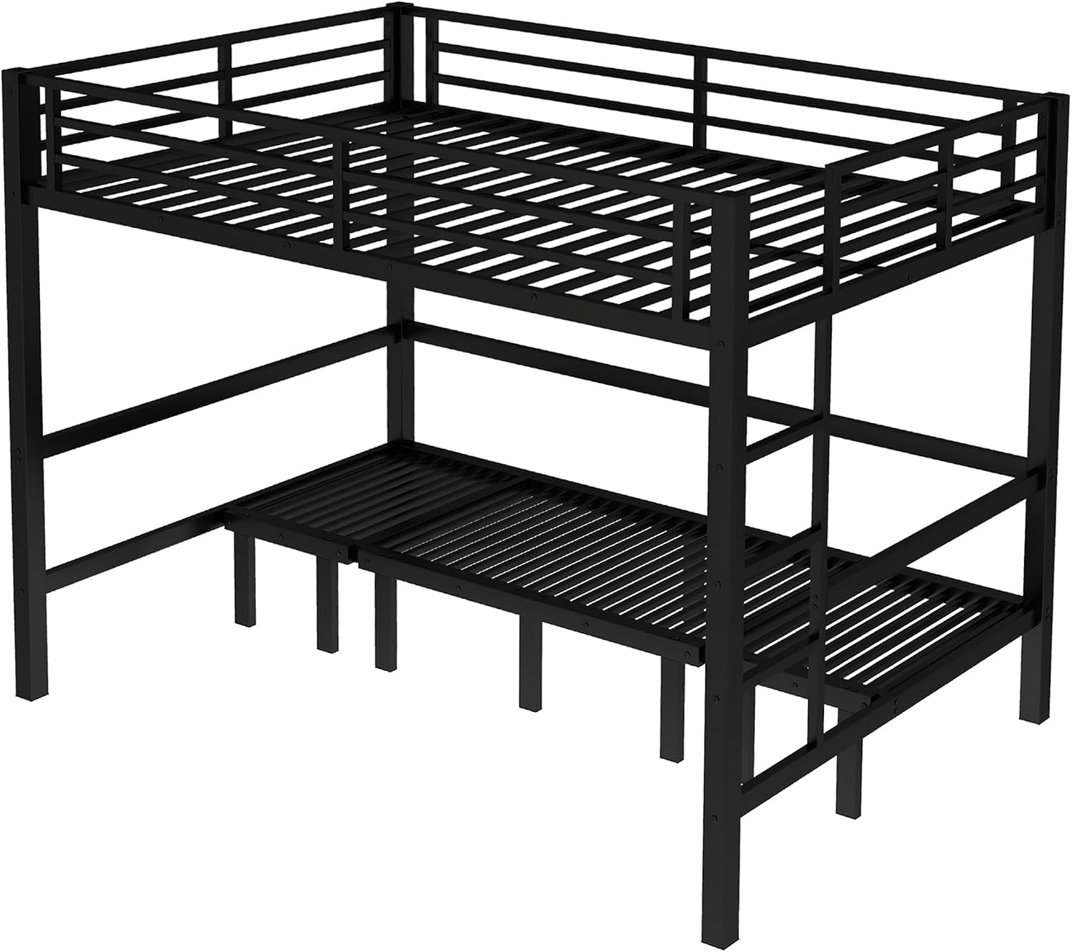 Harper & Bright Designs Queen Over Queen Metal Bunk Bed with Couch, Heavy Duty Bunk Bed Frame with Sofa, Lower Bed Can Be Pulled Out in Three Sections, Black