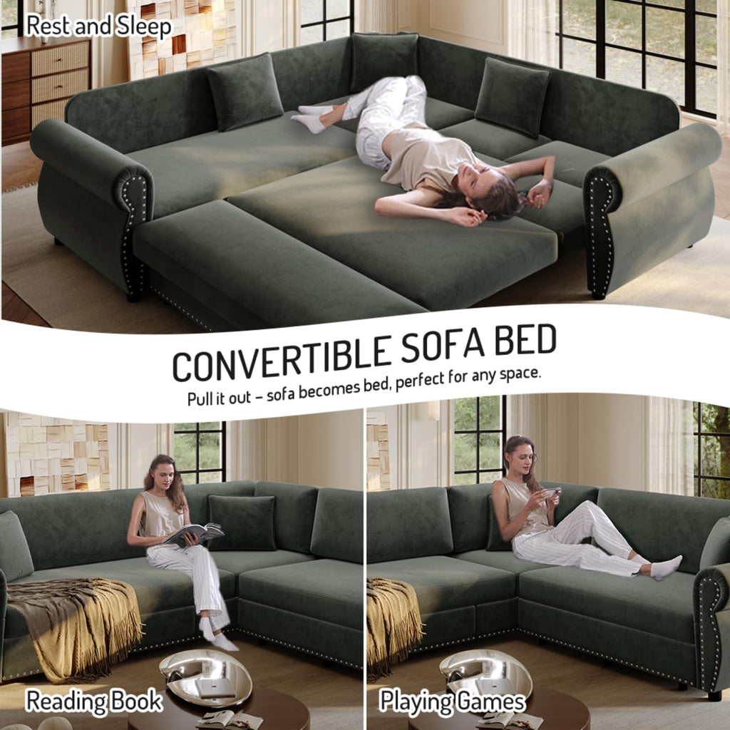 88.2' Sectional Sleeper Sofa with Pull Out Bed - Oversize L-Shaped Convertible Sleeper Couch Bed, Button Tufted Chesterfield Sofa, Chenille Vintage Couches for Living Room(4-Seater, Dark Grey)