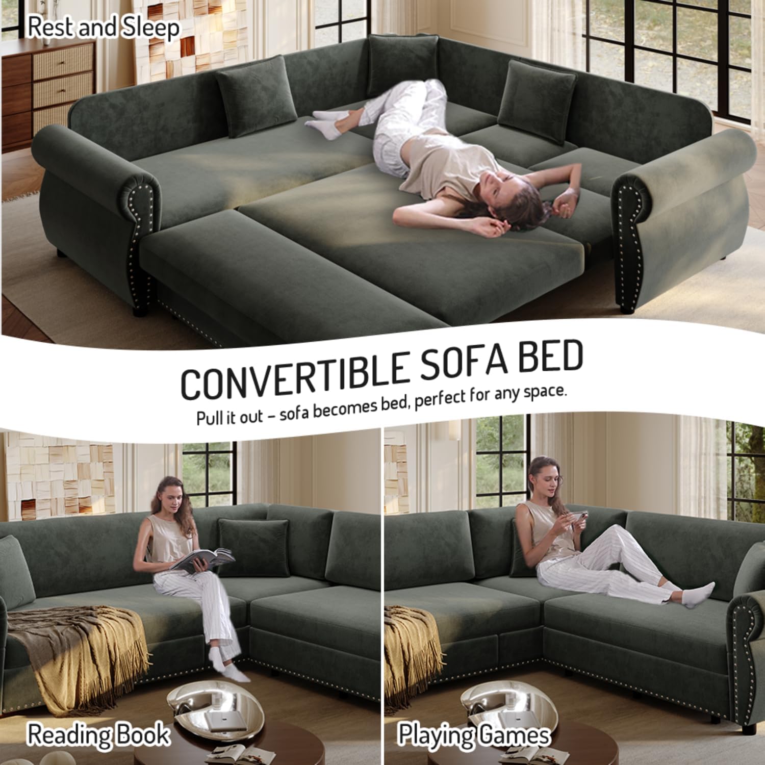 88.2' Sectional Sleeper Sofa with Pull Out Bed - Oversize L-Shaped Convertible Sleeper Couch Bed, Button Tufted Chesterfield Sofa, Chenille Vintage Couches for Living Room(4-Seater, Dark Grey)