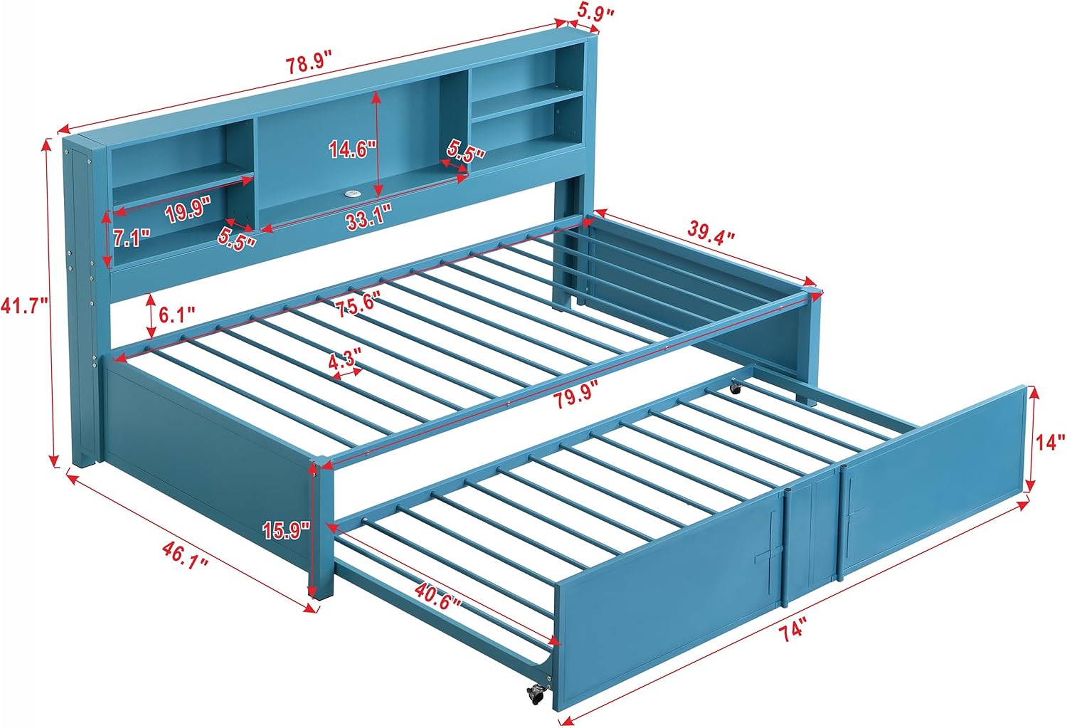 Harper & Bright Designs Twin Bed with Trundle and Storage Bookcase, USB Ports, Solid Wood Platform Bed Frame Twin Size Daybed Sofa Bed for Bedroom Living Room (Twin Size, Blue)