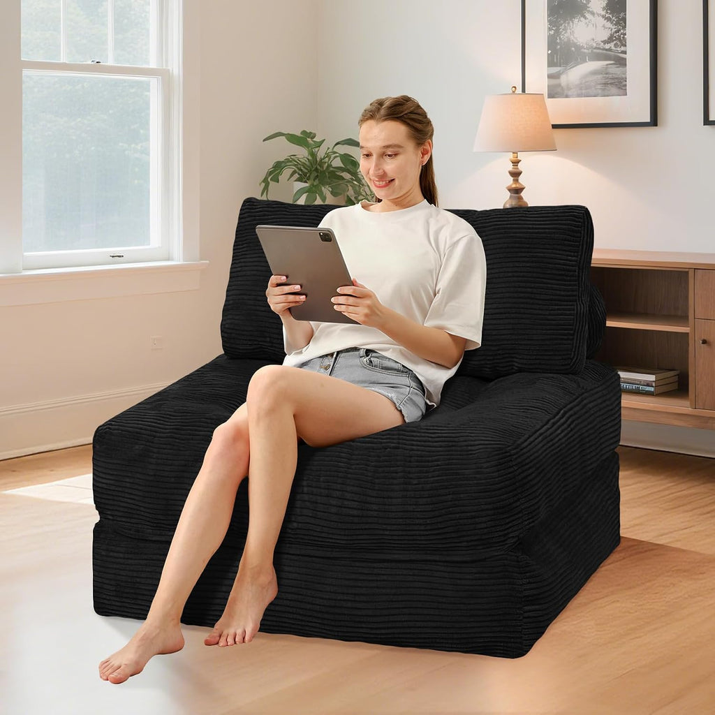 HABUTWAY Folding Sofa Bed, Convertible Sleeper Chair Bed w/Dual-Pillow & Handle, Foldable Floor Sofa Lounge w/Back Support for Living Room, Bedroom, Apartment, Office, Single, Black