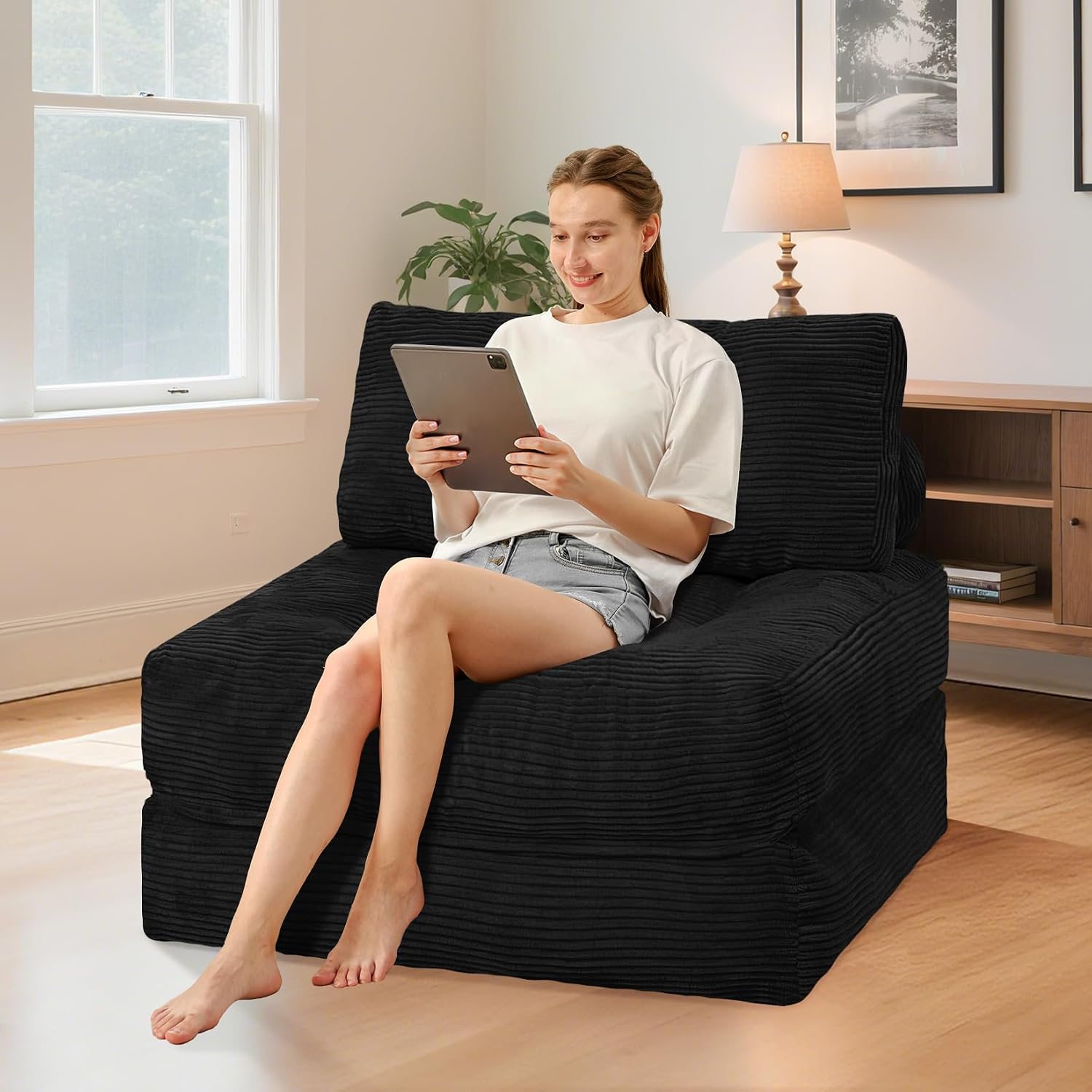 HABUTWAY Folding Sofa Bed, Convertible Sleeper Chair Bed w/Dual-Pillow & Handle, Foldable Floor Sofa Lounge w/Back Support for Living Room, Bedroom, Apartment, Office, Single, Black
