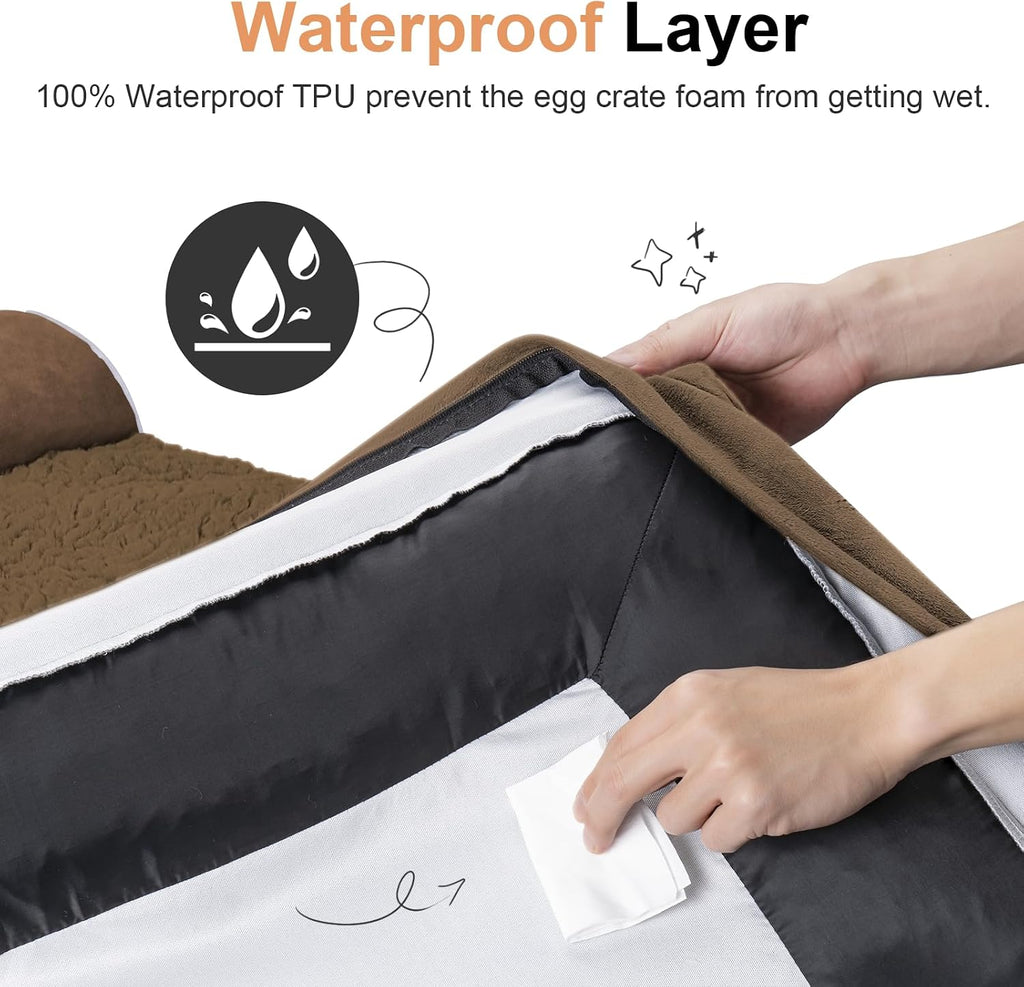Large Dog Bed Orthopedic Washable: Jumbo Dog Bed Bolster Extra Large Dogs Egg Crate Foam Sofa Couch Waterproof Removable Cover - Coffee