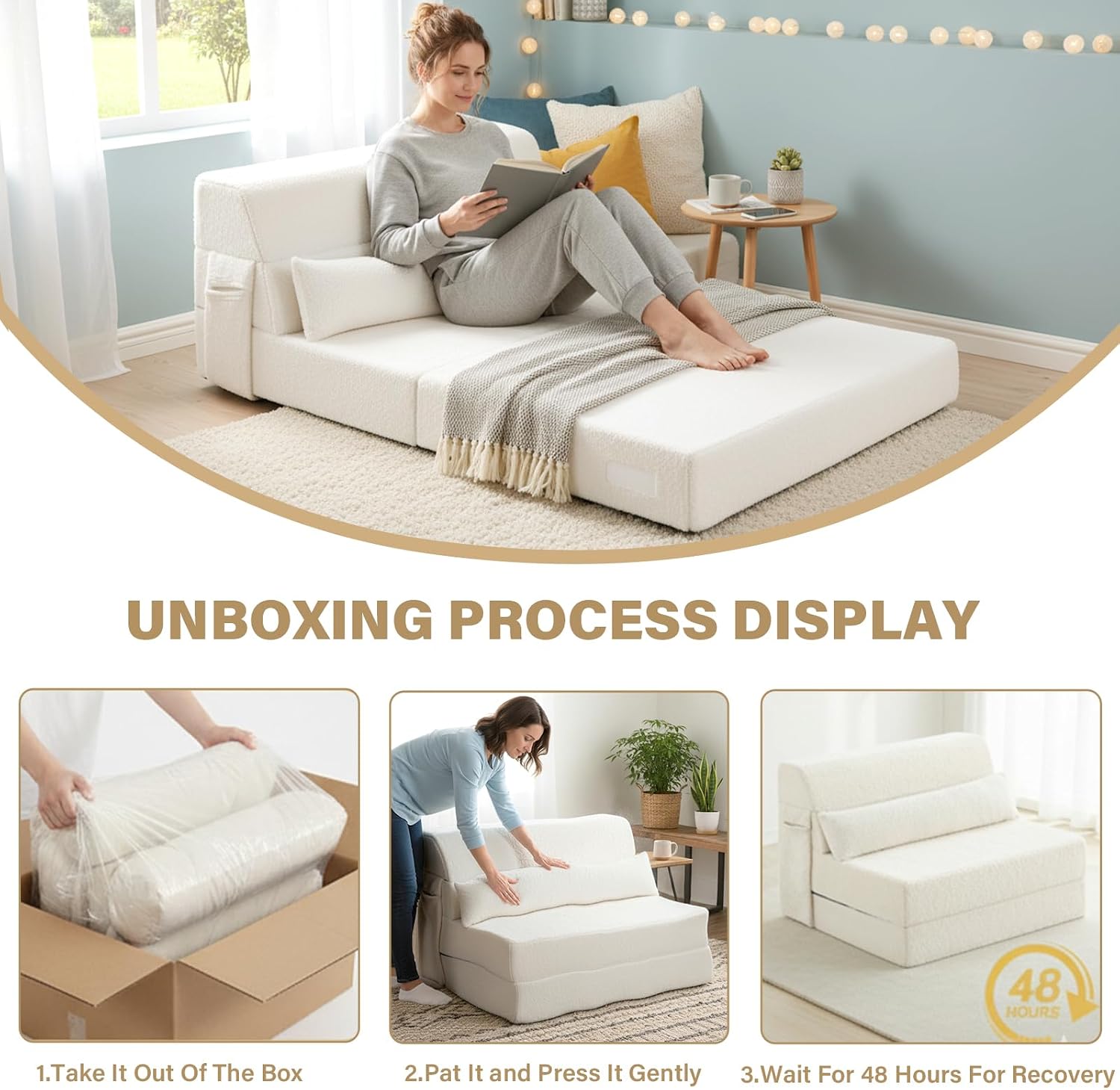 Tiita Convertible Folding Sofa Bed Twin Size for Adults with Pillow, Plush Fabric Floor Mattress Couch Bed, Washable Cover & Side Pocket, Guest Room, Dorm, Apartment, Living Room, Beige