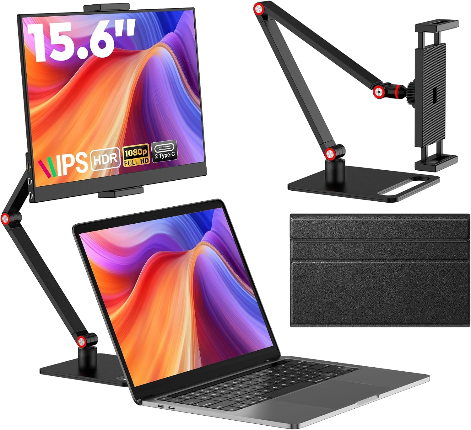 15.6' Portable Monitor with Adjustable Stand, 1080P FHD IPS Screen Extender, USB-C/HDMI Port, Ultra Slim Travel Monitor with Eye Protection, Plug and Play for Laptop/PC/Mac/Android/Switch/PS5