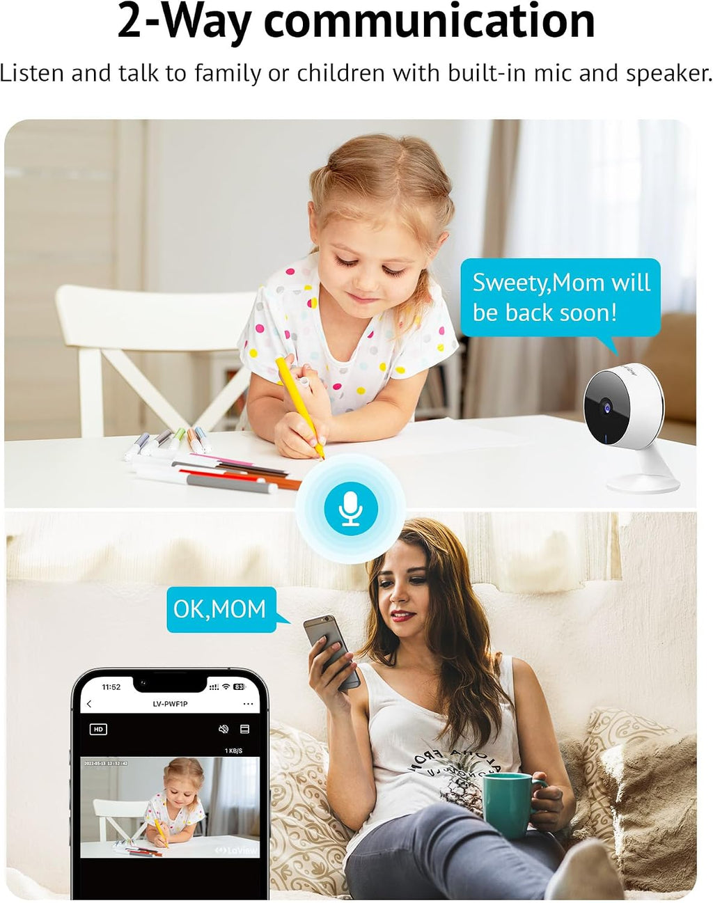 LaView 8MP 4K Cameras for Home Security Indoor,Home Security Camera for Baby/Elder/Pet/Nanny,Baby Cam Starlight Sensor Color Night Vision,US Cloud Service,Compatible with Alexa