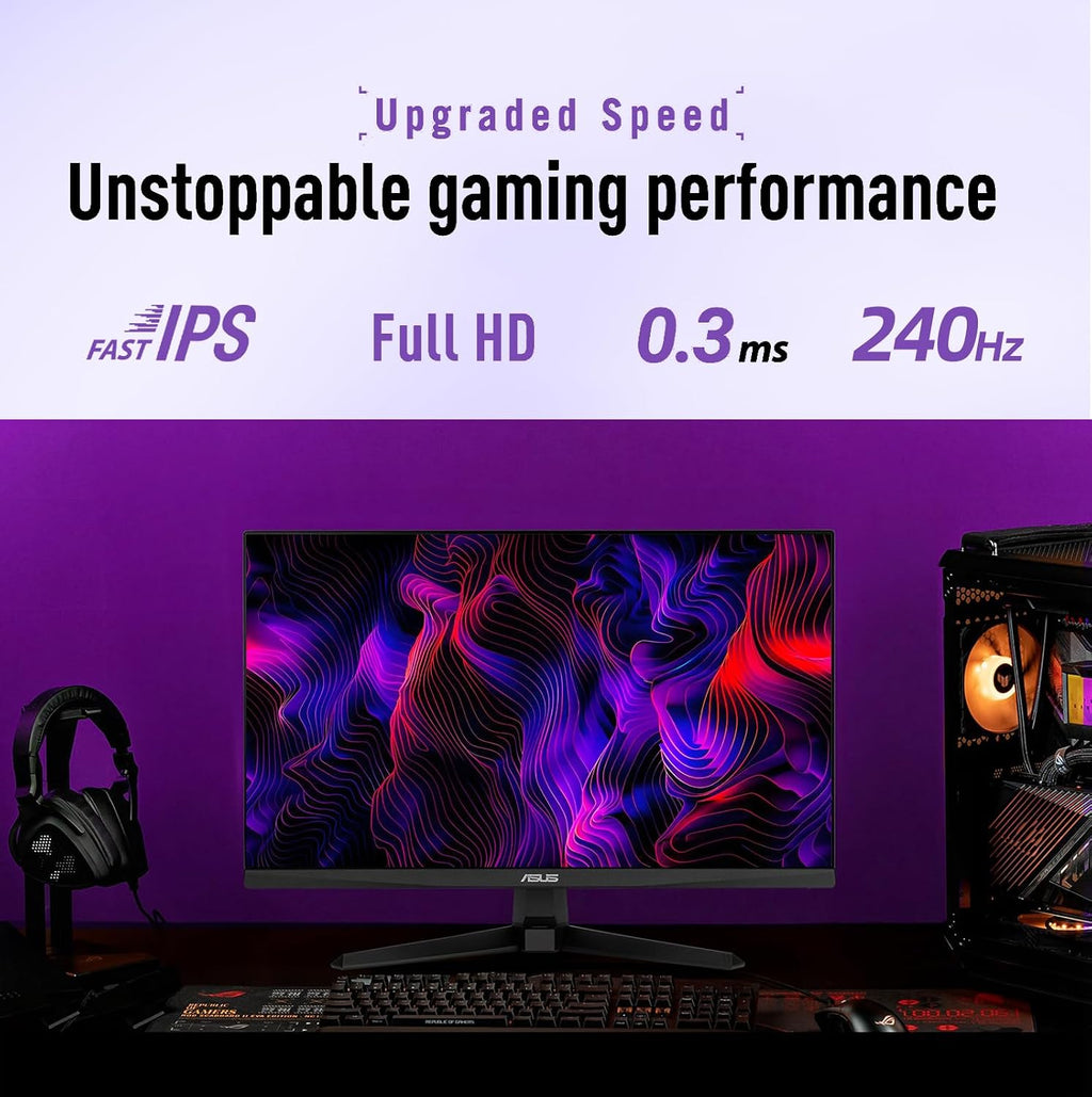 ASUS TUF 24' FHD Gaming Monitor, Fast IPS Display, 240Hz Refresh Rate, 0.3ms Response Time, G-SYNC Compatible, FreeSync Premium, ELMB Sync, AI-Powered Gaming Features, Built-in Speakers - Black