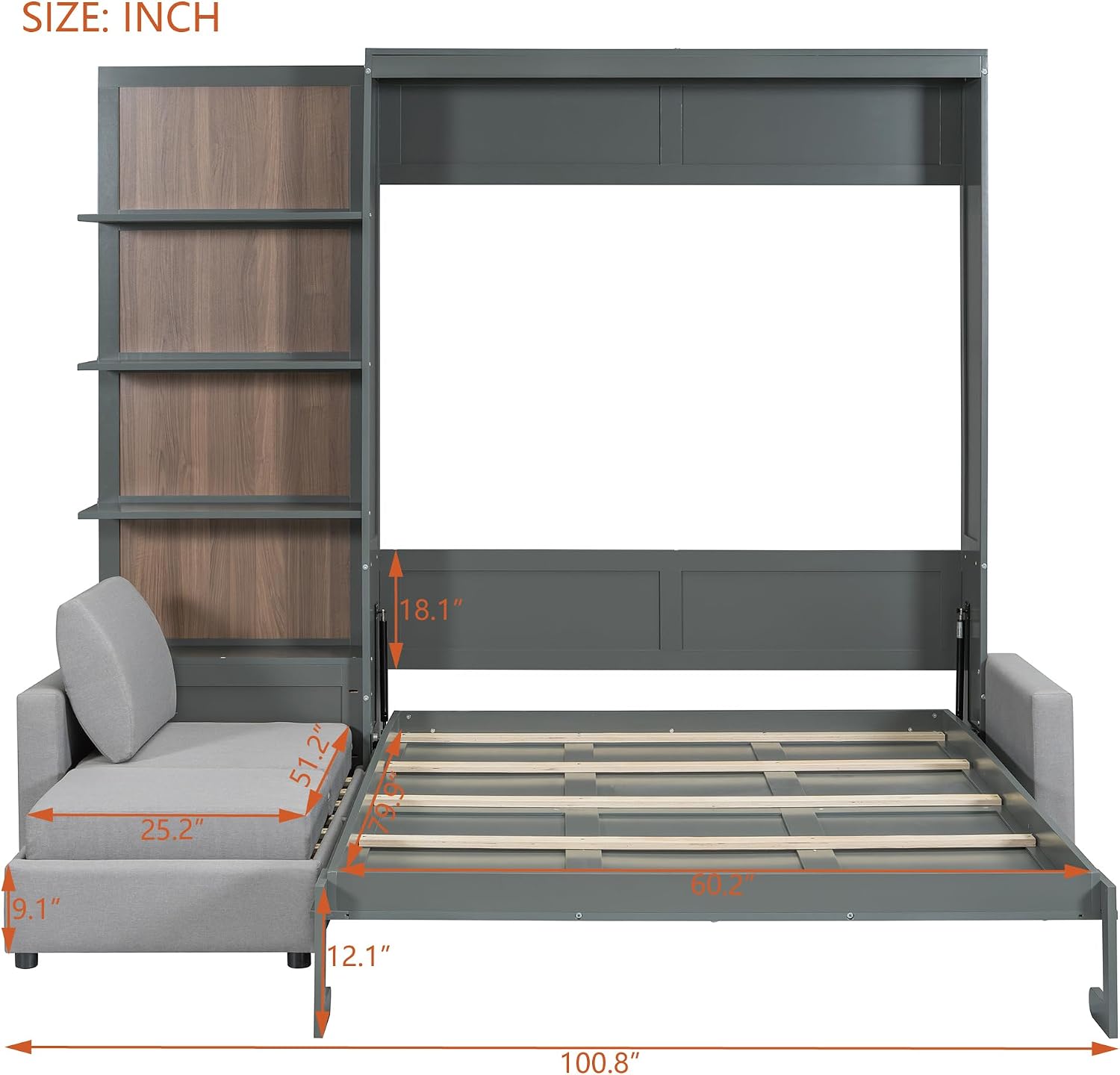 Merax Queen Murphy Bed with Sofa, Wood Folding Wall Bedframe with Soft Couch and Shelves, for Guest Room, Home Office or Small Bedroom, Grey
