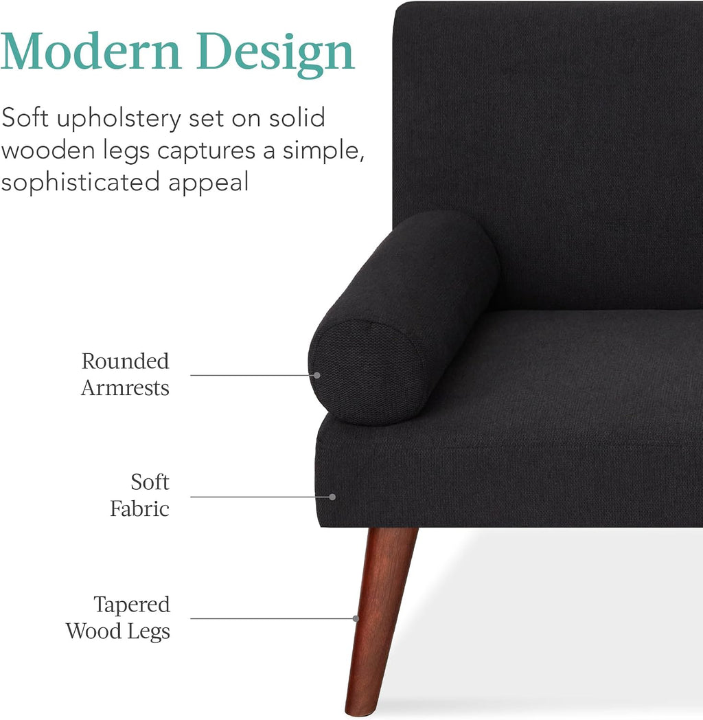 Best Choice Products Mid-Century Modern Upholstered Futon, Convertible Folding Sofa Bed, Small Couch w/Rounded Armrests, 2 Cupholders - Black