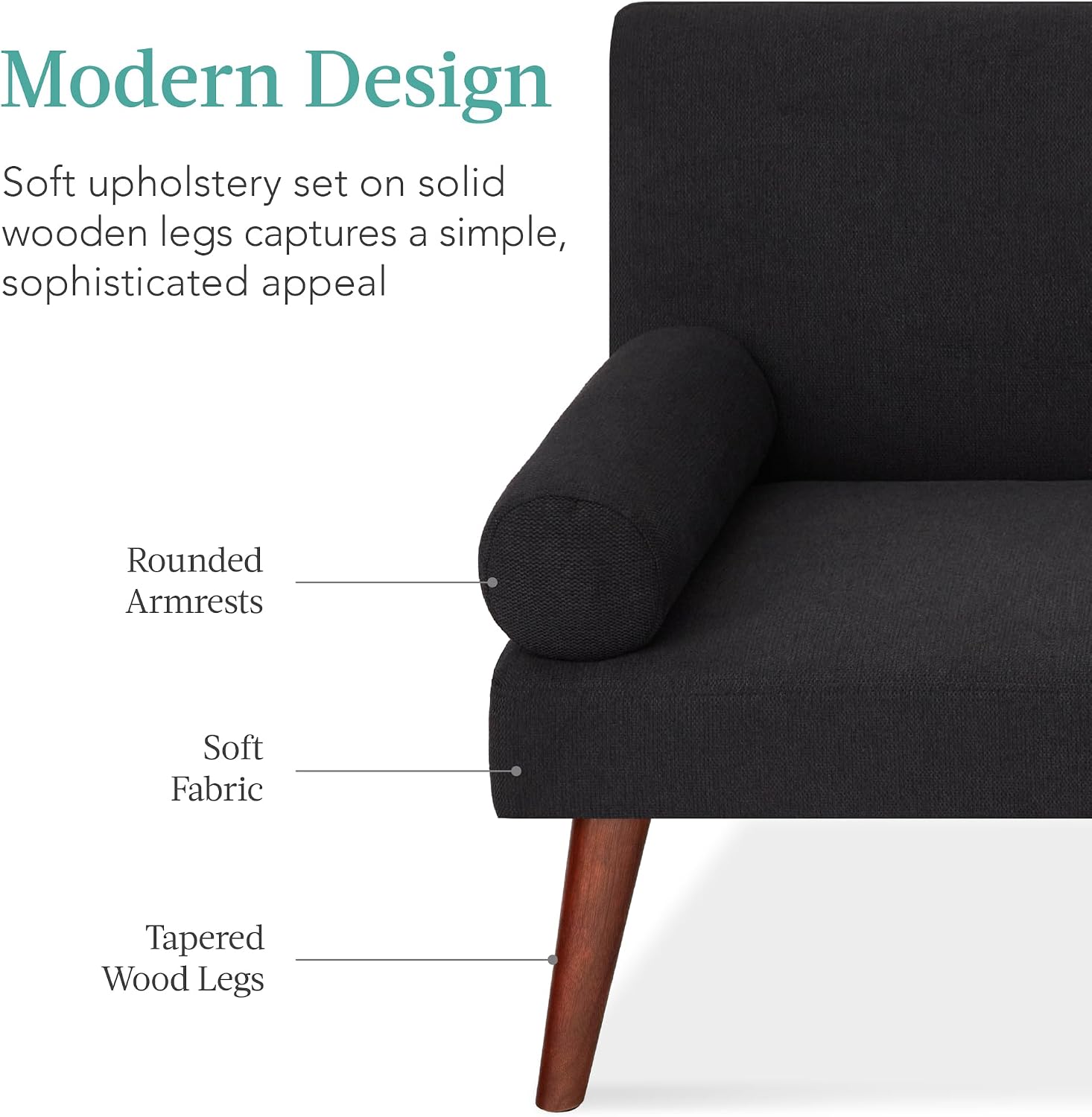 Best Choice Products Mid-Century Modern Upholstered Futon, Convertible Folding Sofa Bed, Small Couch w/Rounded Armrests, 2 Cupholders - Black