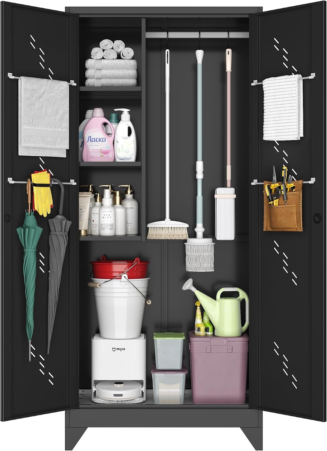 Metal Storage Cabinet, 75' Cleaning Tool Cabinet with Locking Door, Tall Storage Sheds Tool Organizer, Large Broom Cabinet for Bathroom, Laundry Room, Kitchen, Pantry, and Humid Environments