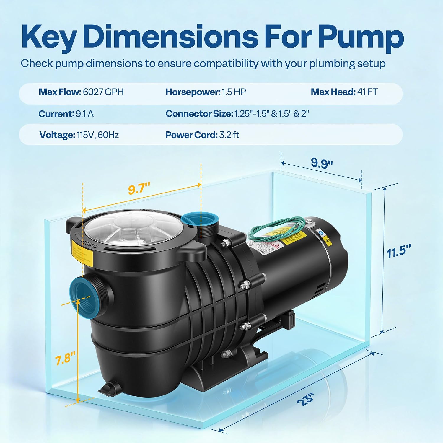 VIVOHOME 1.5 HP 6027 GPH Powerful Copper Motor Self-priming 115V Swimming Pool Pump w/ON/OFF Switch 1.25'' & 1.5' & 2.0'' Unions Energy Saving w/Strainer Basket