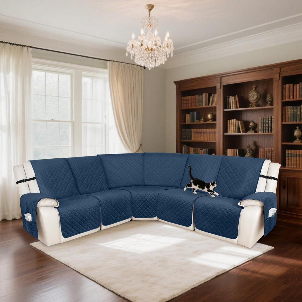 HDCAXKJ 100% Waterproof Velvet Recliner Sectional Couch Covers L Shaped Corner Reclining Sofa Cover Washable Thick Non Slip Sectional Slipcover with Pockets (5 Seat Recliner Couch, Dark Blue)