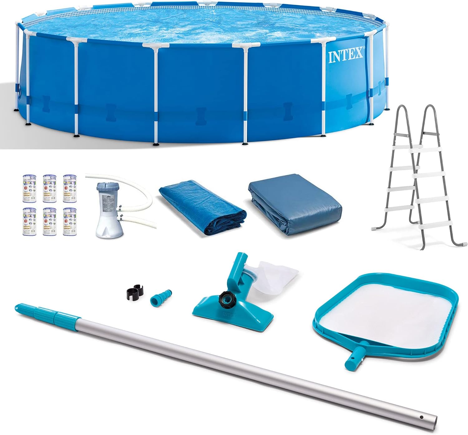 Intex Metal Frame 15' x 48' Round Above Ground Swimming Pool Set with Filter Pump, Ladder, and Cover with Maintenance Accessory Vacuum and Skimmer Kit