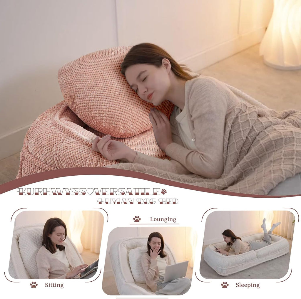 Upholstered Human Dog Bed for Adult & Pets, Convertible Lazy Sofa Bed with 5 Adjustable Position, Comfy Tatami Bean Bag Lounge Chair with 2 Soft Pillows for Bedroom Living Room Office (Pink)