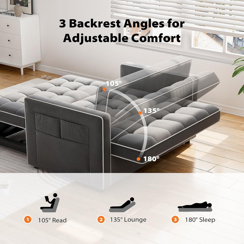 Pipishell 3 in 1 Convertible Sleeper Sofa Bed,Pull Out Couch for Living Room with USB Ports & Side Pockets,Adjustable Backrest,Velvet,Loveseat Sofa Bed,Futon Couches, Grey