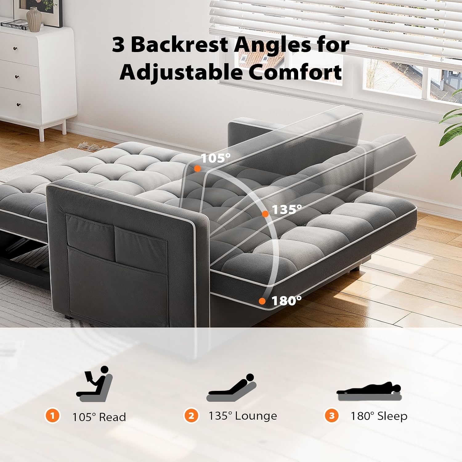Pipishell 3 in 1 Convertible Sleeper Sofa Bed,Pull Out Couch for Living Room with USB Ports & Side Pockets,Adjustable Backrest,Velvet,Loveseat Sofa Bed,Futon Couches, Grey